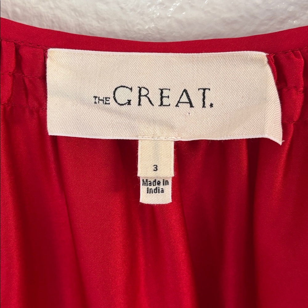 THE GREAT. Vibrant Red Silk Embroidered Floral Design Peasant Short Sleeve Top - Picture 2 of 12